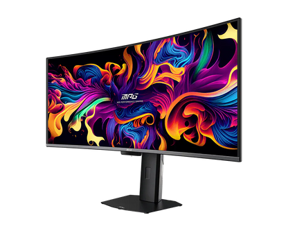 MSI MPG 341CQR QD-OLED X36 curved monitor turned to a three-quarter angle, screen on
