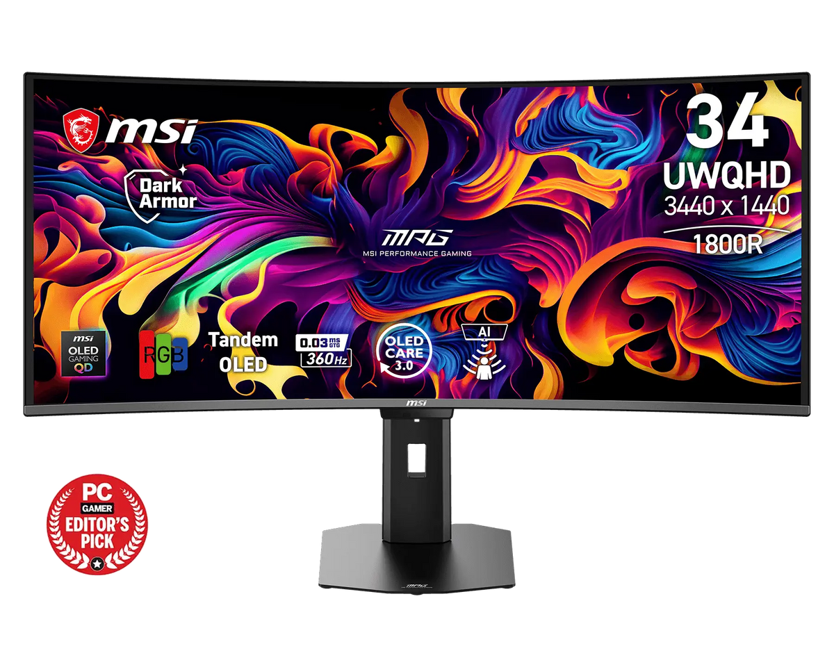 MSI MPG 341CQR QD-OLED X36 curved monitor, front view with the 34 inch UWQHD 360Hz specification badges