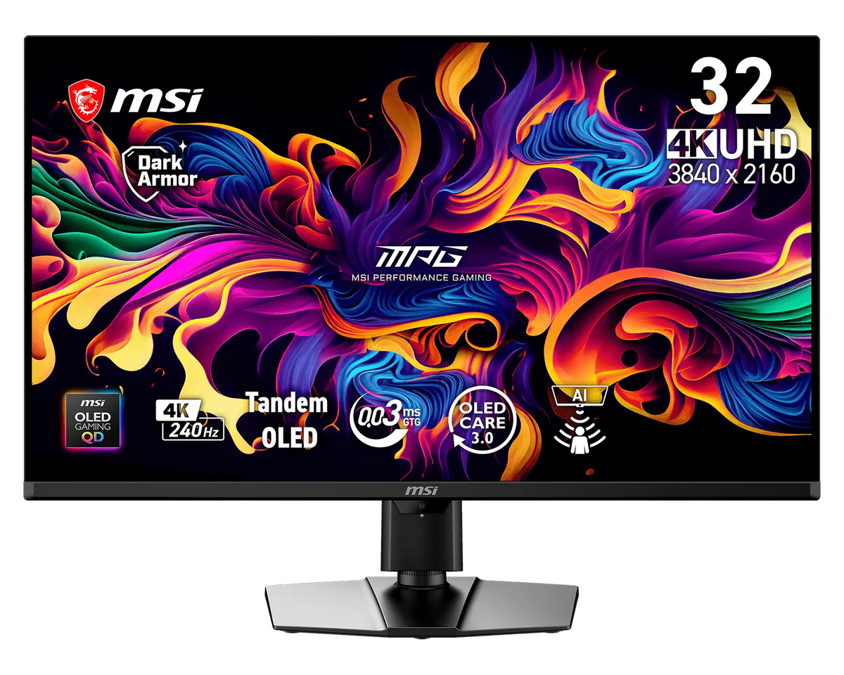 MSI MPG 322UR QD-OLED X24 gaming monitor, front view with the 32 inch 4K UHD 240Hz specification badges