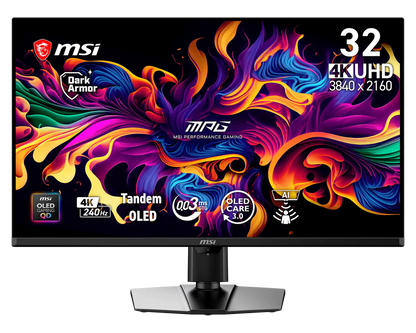MSI MPG 322UR QD-OLED X24 gaming monitor, front view with the 32 inch 4K UHD 240Hz specification badges