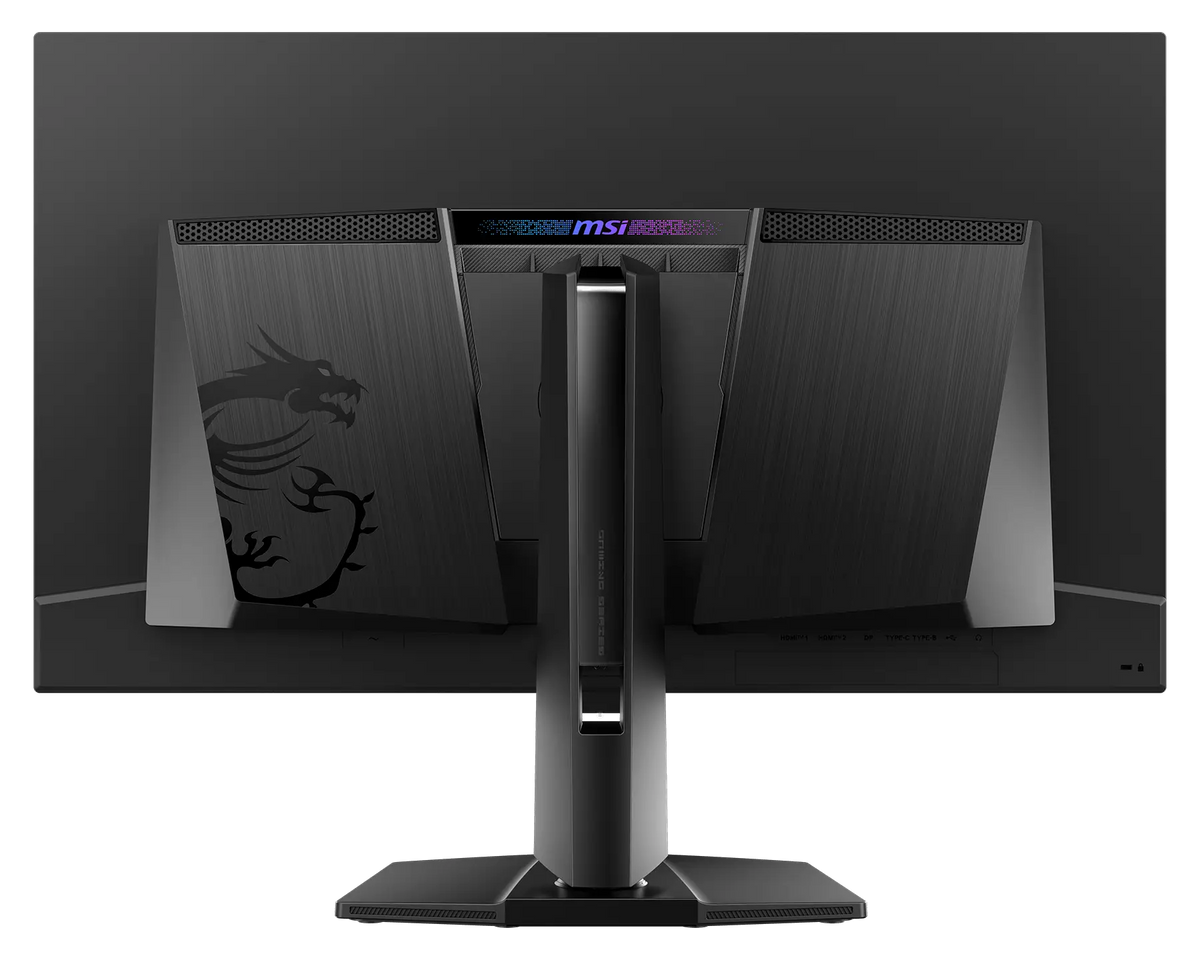 MSI MPG 322UR QD-OLED X24 gaming monitor, rear view showing the back panel and stand