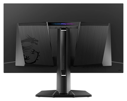MSI MPG 322UR QD-OLED X24 gaming monitor, rear view showing the back panel and stand