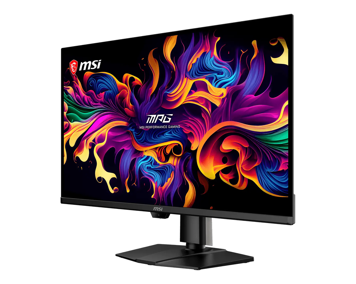 MSI MPG 322UR QD-OLED X24 gaming monitor, straight-on front view with the screen on
