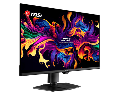 MSI MPG 322UR QD-OLED X24 gaming monitor turned to a three-quarter angle, screen on