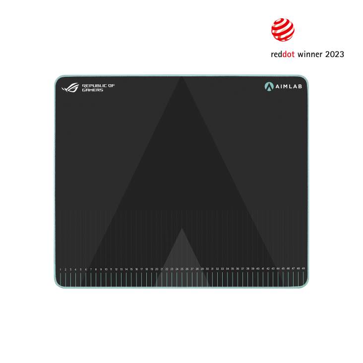 ROG Hone Ace Aim Lab Edition mouse pad top view with the ROG and Aim Lab logos and the printed ruler along the bottom edge