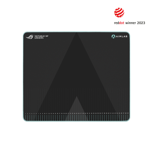 ROG Hone Ace Aim Lab Edition mouse pad top view with the ROG and Aim Lab logos and the printed ruler along the bottom edge