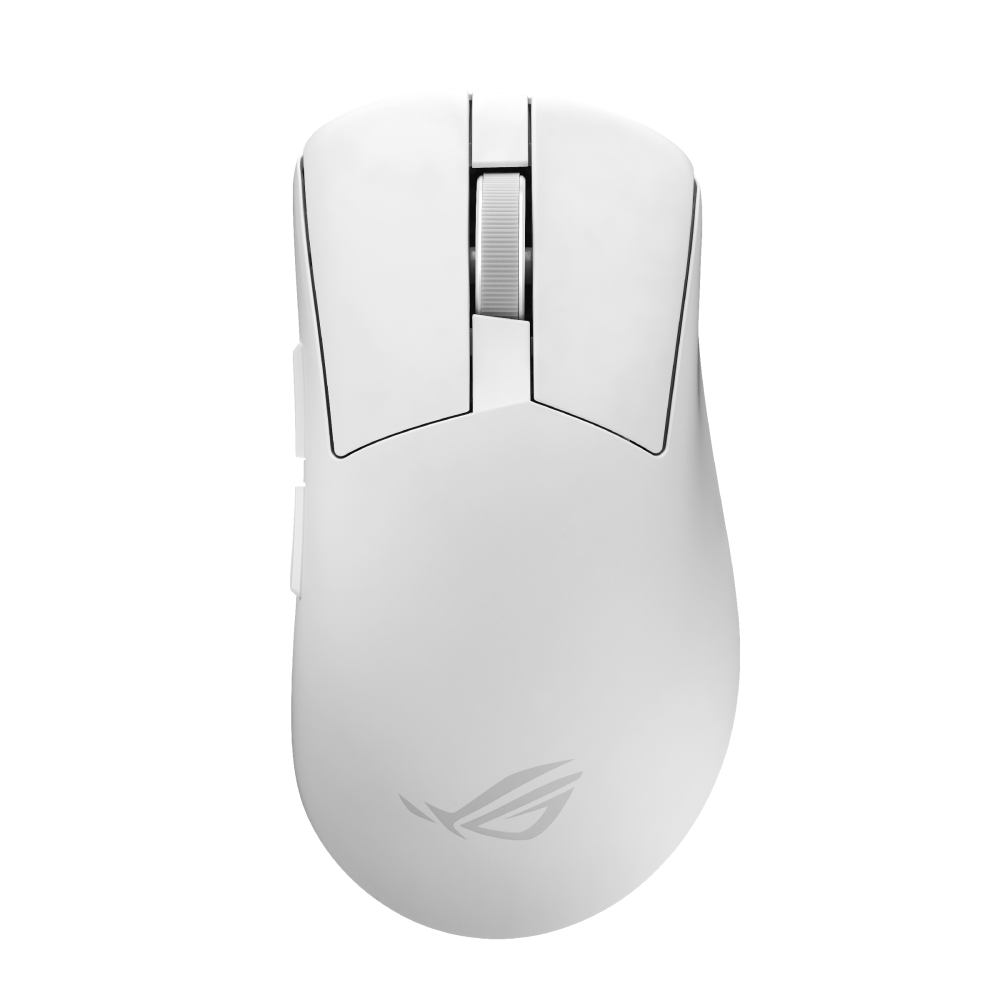 ROG Gladius IV Ace moonlight white gaming mouse, top-down view showing the main and side buttons and the ROG logo