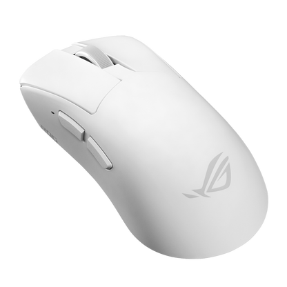 ASUS ROG Gladius IV Ace gaming mouse in moonlight white, angled three-quarter view showing the ROG logo on the palm rest and the side buttons