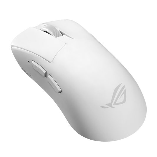 ASUS ROG Gladius IV Ace gaming mouse in moonlight white, angled three-quarter view showing the ROG logo on the palm rest and the side buttons