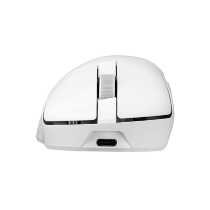 ROG Gladius IV Ace moonlight white gaming mouse, front view showing the USB-C port