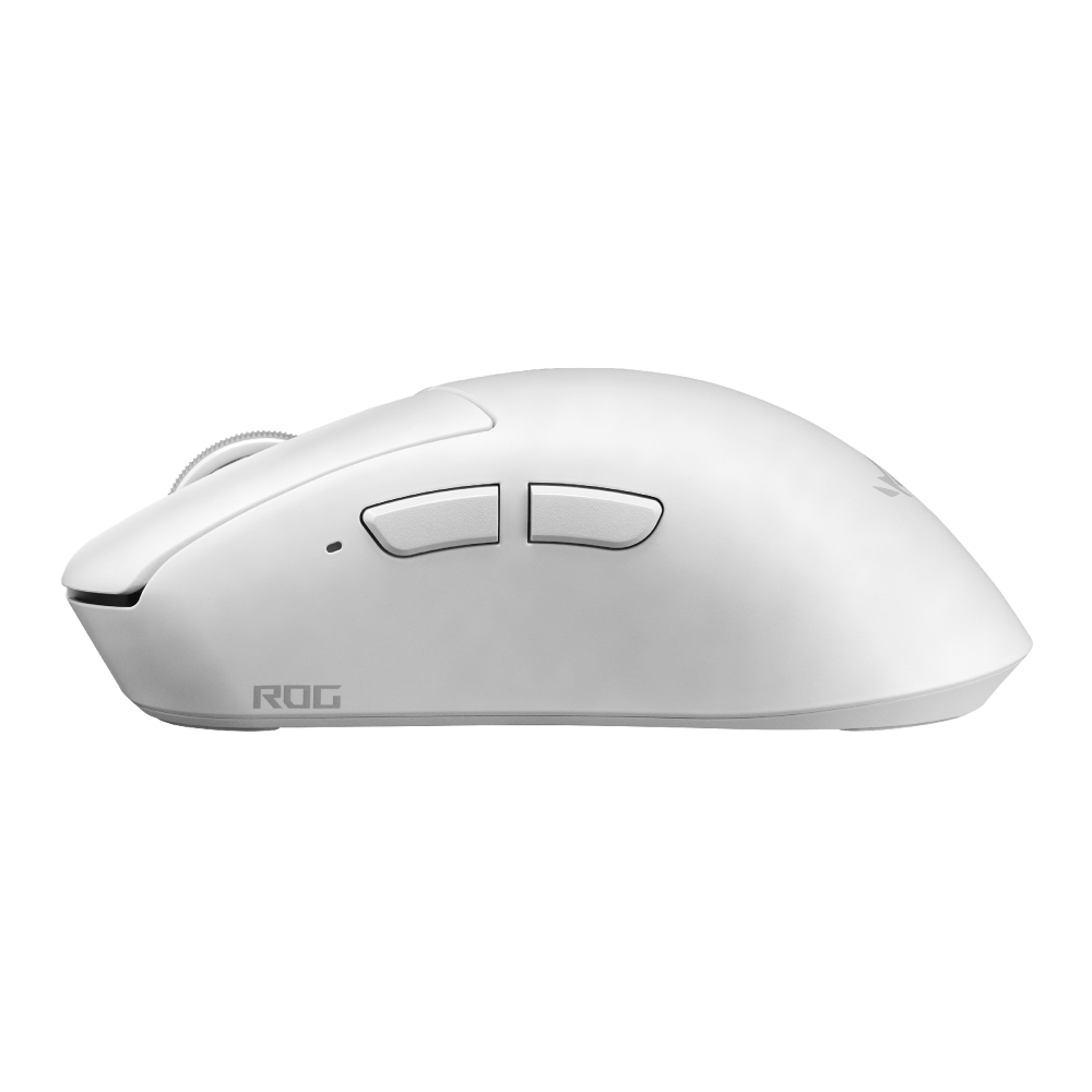 ROG Gladius IV Ace moonlight white gaming mouse, side profile showing the ergonomic curve and thumb buttons