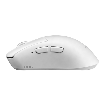 ROG Gladius IV Ace moonlight white gaming mouse, side profile showing the ergonomic curve and thumb buttons