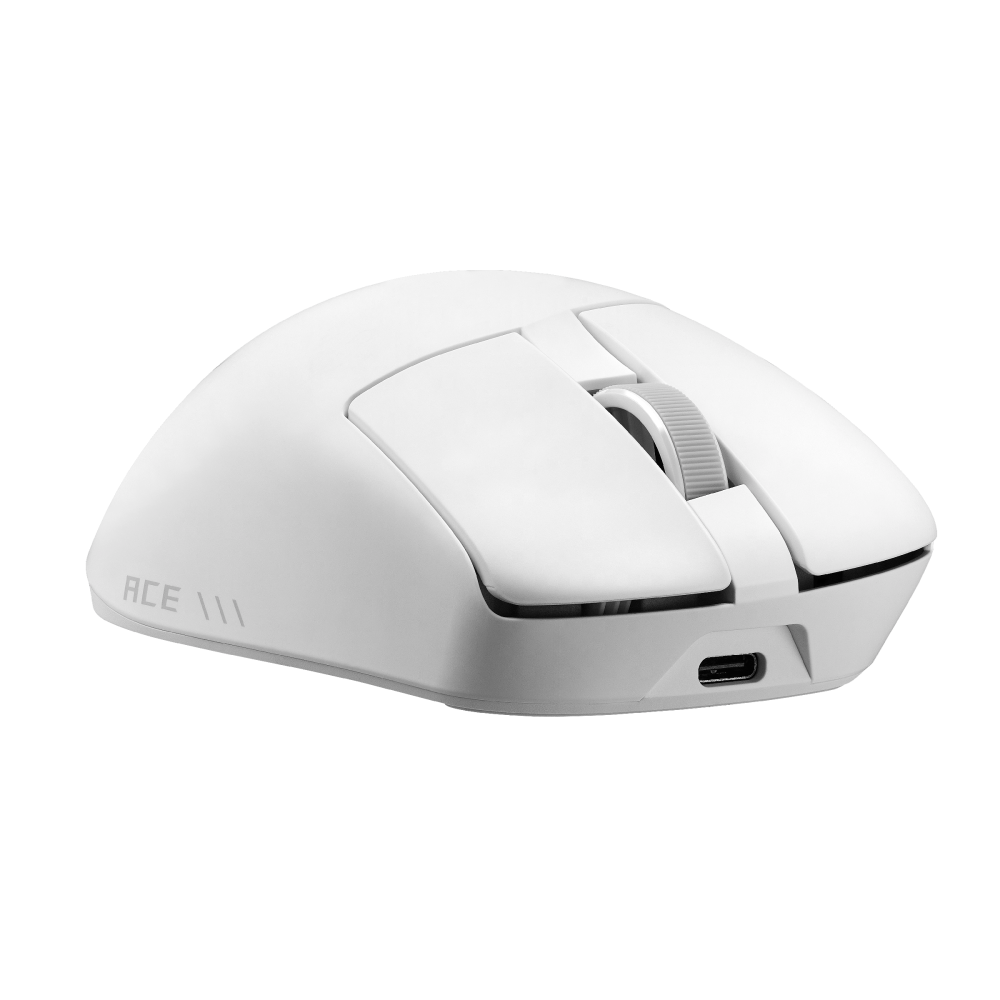 ROG Gladius IV Ace moonlight white gaming mouse, low angled front view showing the ACE III marking and USB-C port