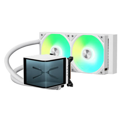 TRYX PANORAMA 240 ARGB White AIO cooler, ARGB fans lit, three-quarter view